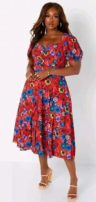 NWT Rebdolls Wonderland Vibrant Floral Midi Dress Large Medium Sweetheart Neck • $30