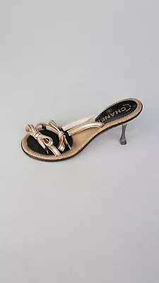 Chanel Vintage 90s Rare Satin Bow Heels Silver Two Strap Cork Kitten Stiletto • $386.04