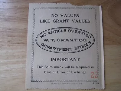 W.T. Grant Department Stores 1920's Sales Check • $9