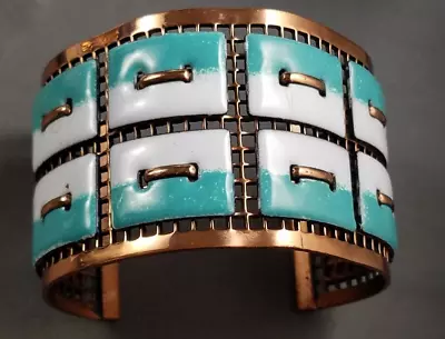VTG Matisse Copper & White & Turquoise Enamel MCM Wide Bracelet Cuff Signed • $89.99