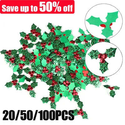 100x Artificial Leaf Mini Holly Berry Triple Christmas Leaves For Gift Tag Card • £2.17