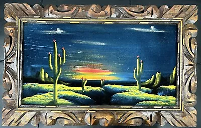 Vintage 70s Black Velvet Desert Landscape Painting ~ Made In Mexico • $125