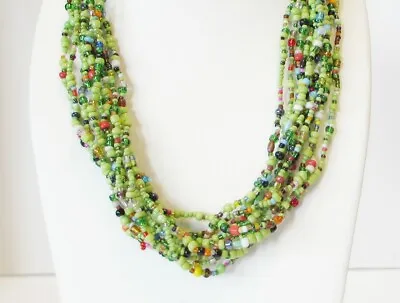 Vintage Striking Green Beaded Multi-Strand Torsade Necklace Super Cute  ~ 18  • $20