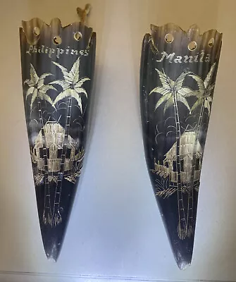 2 Carved Etched Ram Or Buffalo Horn TIKI Hut Palm Trees Philippines Manila 6.5” • $19.50