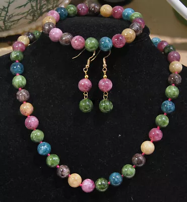 Natural Multicolor Tourmaline Round Gems Beads Necklace Bracelet Earrings Set • $7.87