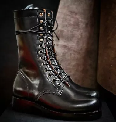 Handmade Black Leather Boots Men's Bespoke Ankle High Marching Lace Up Boots • $209.99
