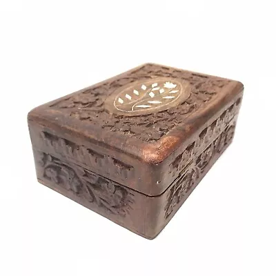 Vintage Hand Carved Wooden Jewelry Trinket Box India Sheesham Wood Flowers 6” • $20