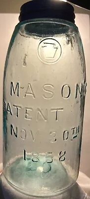 SMALL KEYSTONE IN CIRCLE MASON'S OFFSET PATENT NOV 30TH 1858 1/2 Gal Aqua Jar • $19.99