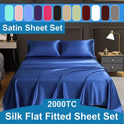 2000TC Satin Bed Sheet Set 4 PCS Satin Flat Sheets Fitted Sheet Wrinkle-Free • $25.43