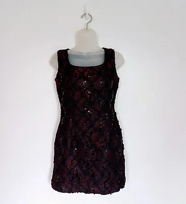 J.Taylor Vintage Lace Dress Bodycon Mini Sequin Lined Black Red Size 12 • £14.99