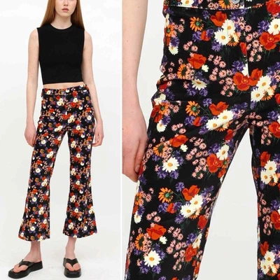 $150 • Buy Staud Black Floral Velvet Rex Flare Pants Retro Black/Purple Multi, Size 2