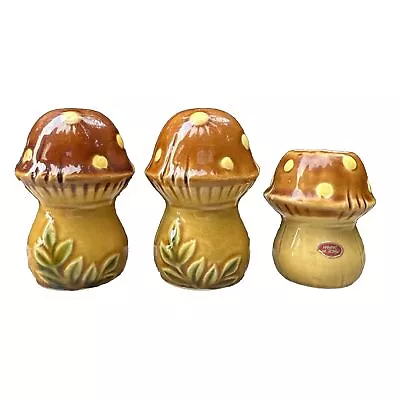 Vintage 1960s Tan Brown Magic Mushroom Salt & Pepper Set W/ Toothpick Holder • $4.99