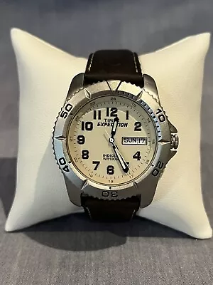 Timex Expedition T46681 Mens Indiglo WR100M Watch Metal Case Brown Leather Strap • $35