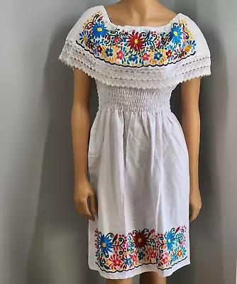 Mexican Embroidered Dress CAMPESINA PEASANT Off Shoulder Dress Multicolor WHITE • $58.95