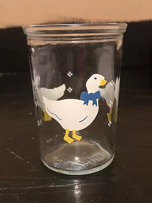 8990 Vintage Glass Jelly Jar Juice Country Goose White Blue Bow BAMA 4” • $8