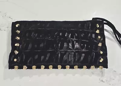 LINEA PELLE Black Suede Croc Print Gold Stud Clutch Purse • $39.99