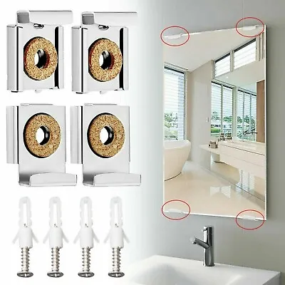 Frameless Unframed Bathroom Mirror Glass Wall Hanging Fixing Kit Clips - Chrome • £4.69