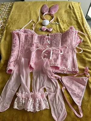 Sexy Pink Basque & Thong Size 16/18 Bunny Ears & Tail Dickie Bow Pink Stockings • £22