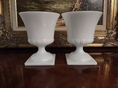 2 Vintage E O Brody White Milk Glass Pedestal Vase Greek Key Wheat Planter Urn  • $69.99