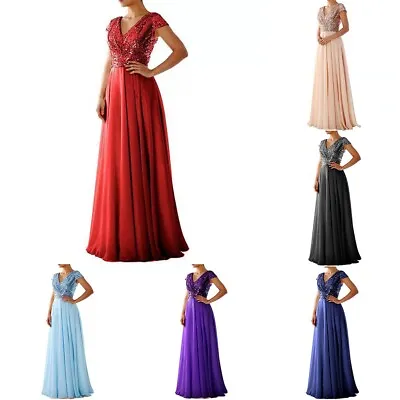 Light Blue Sequins Chiffon Evening Party Ball Gown Maxi Dress For Women • £31.22