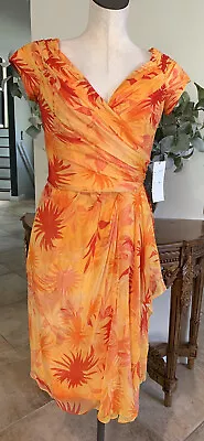 Vintage Couture Fashions Women 10 Orange Leaf Print Chiffon Cap Sleeve Dress X1 • $39.99
