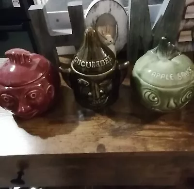 LOVELY SET OF 3 X VINTAGE SADLER POTTERY STONEWARE LIDDED 'FACE POTS' BOWLS • £21.50