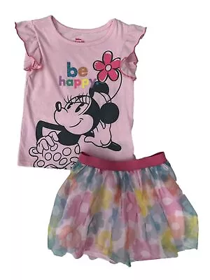 Disney Toddler Girl Minnie Mouse Be Happy Pink Top With Flower Tutu Skirt • $24.99