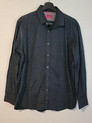 Alfani Button Up Dress Shirt Mens Large Slim Stretch Long Sleeve Polka Dot Black • $12.99