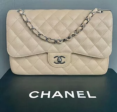AUTH Chanel Jumbo Caviar Double Flap Beige Shoulder Crossbody Leather Bag SHW • $5999