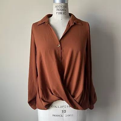 Mine Ladies Sz Large Rust Button Up Long Roll Tab Sleeves Blouse • $10.99