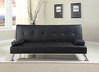 Stunning Faux Leather Italian Designer Style Sofa Bed With Chrome Legs 4 Colours • £164.99