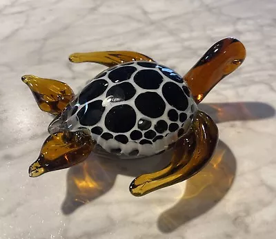 Murano Amber Style Black-Spotted Sea Turtle Hand Blown Glass Paperweight - RARE • $49.87