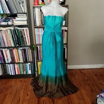 42 (8-10) Alba Conde Silk Satin Turquoise-Brown Ombre Strapless Mermaid Gown • $128