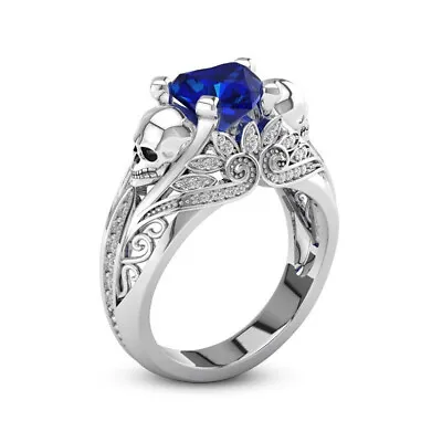 $0.01 • Buy Exquisite Women's Blue Crystal Zircon Skull Ring Punk Silver Jewelry Size 9
