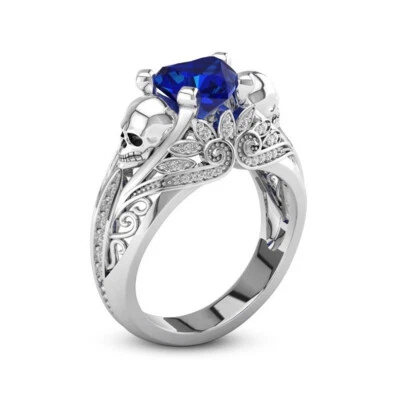 $0.01 • Buy Exquisite Women's Blue Crystal Zircon Skull Ring Punk Silver Jewelry Size 9