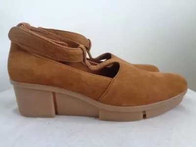 Clarks Tan Suede Ankle Strap Wedge Shoes Size 6 • £22