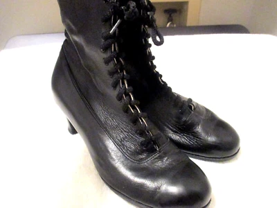 $49.99 • Buy Antique Victorian Black Leather Lace Up Granny Boots Shoes Heels 9m