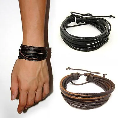 Adjustable Men Boys Handmade Leather Braided Surfer Wristband Bracelet Wrap Gift • £3.45