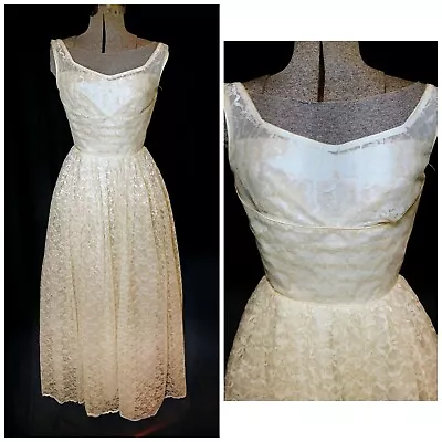 VTG 50's Ivory Floral Lace Prom Formal Wedding Gown By Aldens XS/SM Metal Zip  • $149.99