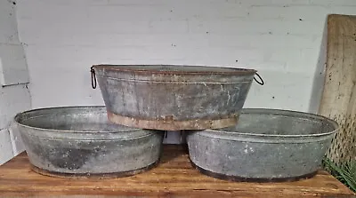 Large Vintage Reclaimed Galvanised Iron Banded Oval Trough Garden Planter Tub • £85