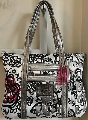 Coach Poppy Graffiti Purse Handbag Tote 14741 Black White Pink Gently Loved • $69.96