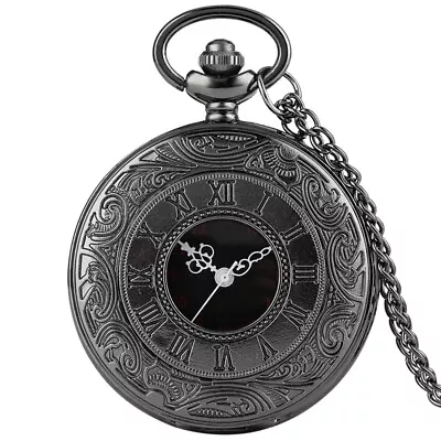 Vintage Black Roman Numerals Pocket Watch With Chain Half Hunter Watches Gifts • $3.90