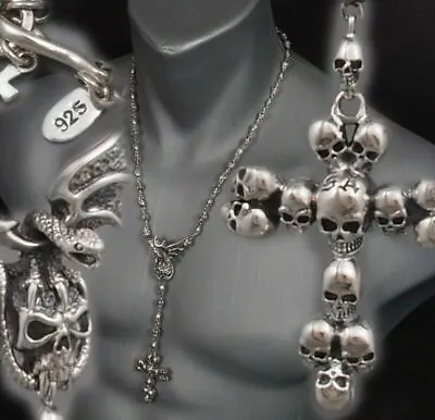 Skull Crown Cross Rosary 925 Sterling Silver Mens Necklace Chain 18 24 26  • $225