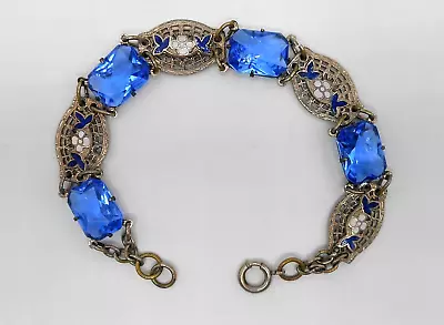 Vtg. Art Deco Sapphire Blue Glass Open Back Filigree Enamel Silver Tone Bracelet • $57