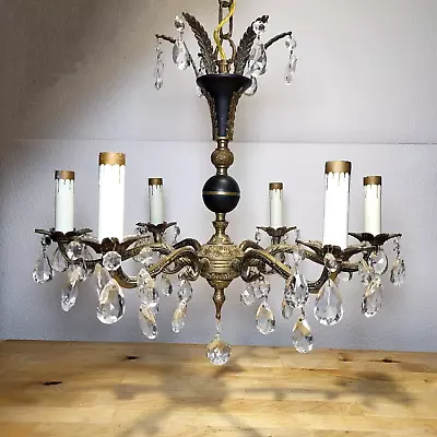 Vintage 6 Arm Brass/Bronze Chandelier W/ Crystals Teardrop Prisms 16”H 18”W • $349.71