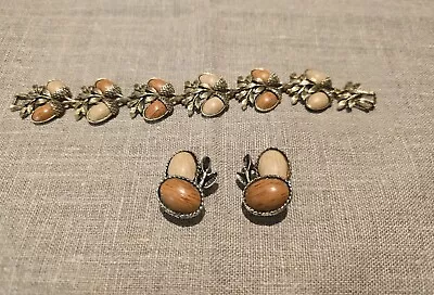 Vintage 1950s Coro ACORN Faux Wood Molded Plastic Bracelet Earrings Figural Set • $99.99