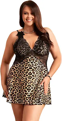 Womens Plus Size Lingerie Leopard Print Babydoll Nightwear Lace Trim Negligee • £53.89