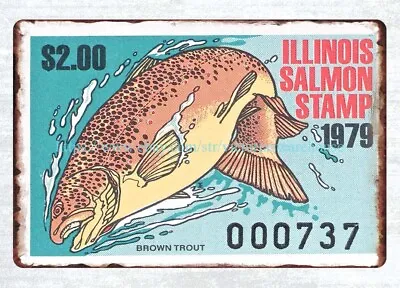 Home Decor 1979 Illinois Salmon Stamp Fish Art Brown Trout Metal Tin Sign • $15.87