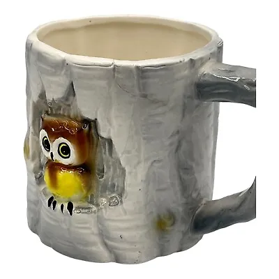 Vintage 3D Small Mug Worried Looking Owl In Gray Tree With Branch Handle READ • $5.99