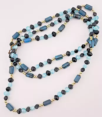 Vintage Blue Black And Gold Tone Strand Bead Necklace Round Tube Beach Easter • $26.69